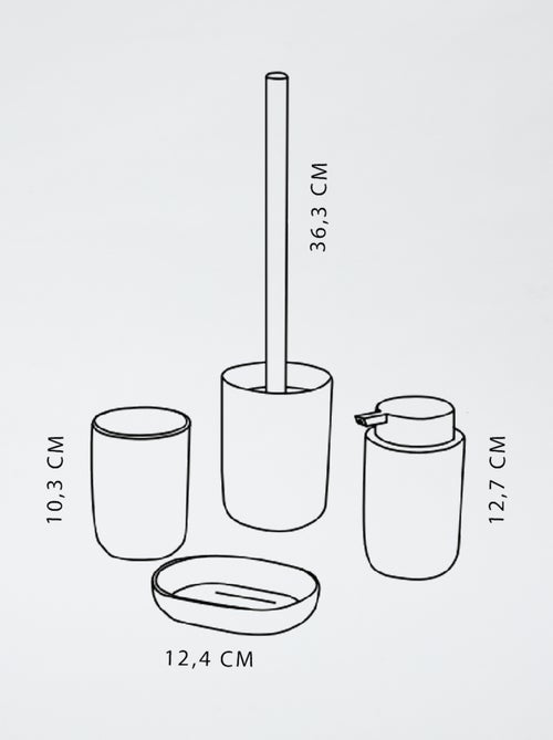 Conjunto de 4 peças: base para sabonete + distribuidor de sabão + copo para escova de dentes + escova de limpeza - Kiabi