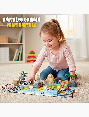 Conjunto de animais da fazenda com tapete e acessórios, 30 peças. Animal world