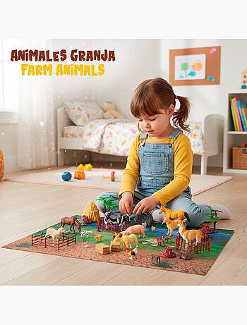 Conjunto de animais da fazenda com tapete e acessórios, 60 peças. Animal world