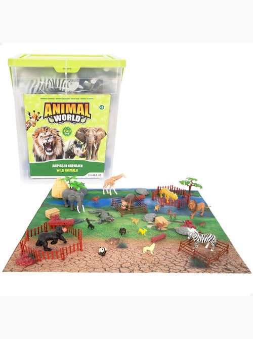 Conjunto de animais selvagens com tapete e acessórios, 60 peças. Animal world - Kiabi Conjunto de animais selvagens com tapete e acessórios, 60 peças. Animal world - Kiabi
