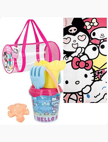 Conjunto de balde de praia hello kitty com acessórios toalha e saco
