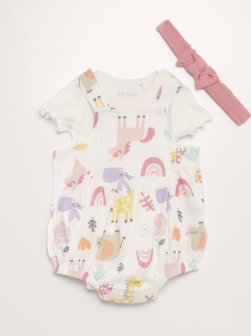 Conjunto de bebé macacão curto + body + bandolete - 3 peças BEGE - Kiabi
