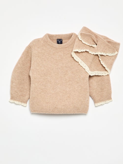 Conjunto de bebé menina de 2 peças - camisola + lenço com pormenores em macramé - Kiabi