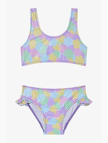 Conjunto de biquíni menina shiny flower com folhos e halter penti