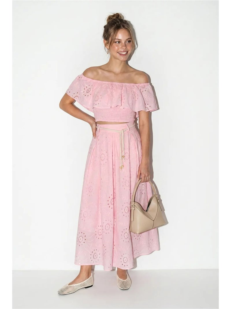 Conjunto de blusa bordada com decote ombro a ombro e saia midi lucci Rosa - Kiabi