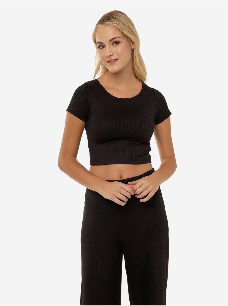 Conjunto de blusa cropped de malha e calças com cinto elástico Preto - Kiabi