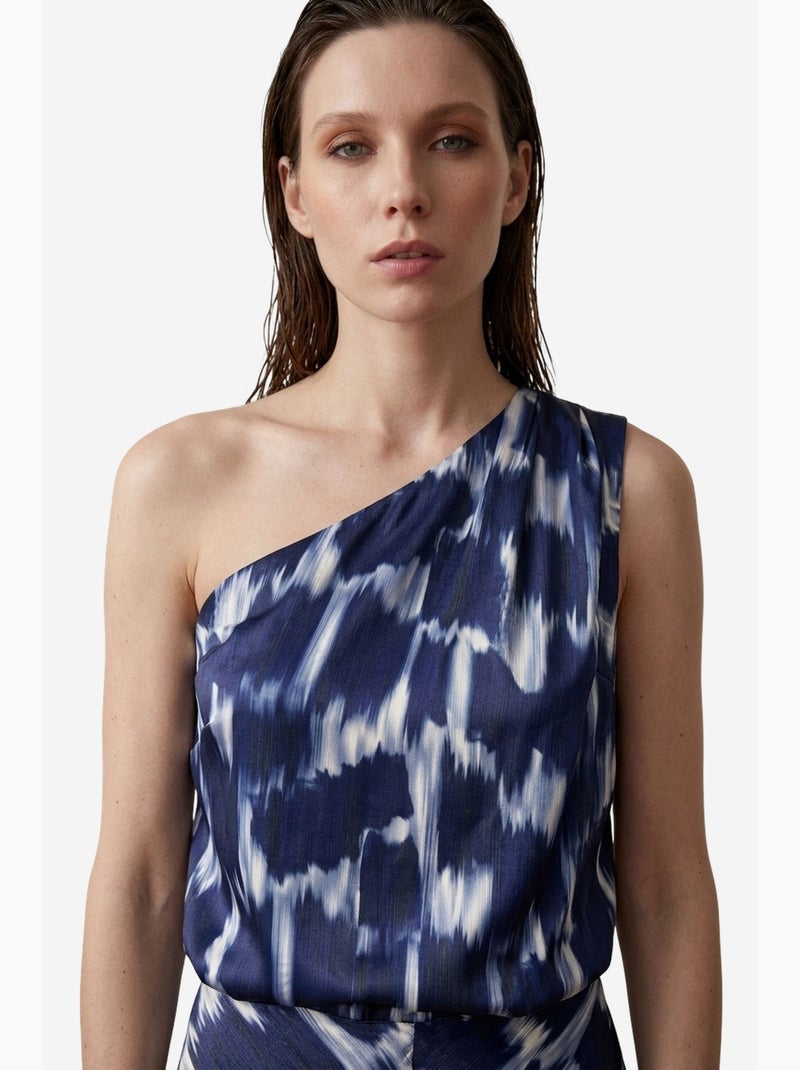 Conjunto de blusa de cetim assimétrica e saia midi my fashion Azul Branco - Kiabi