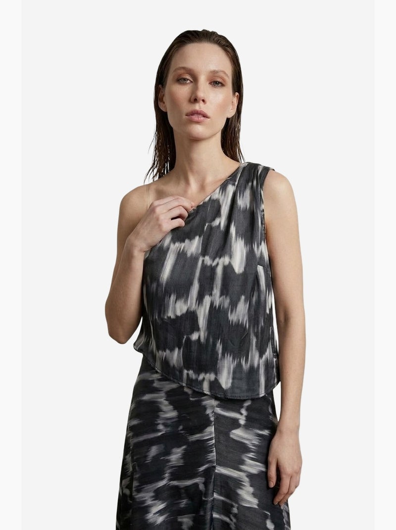 Conjunto de blusa de cetim assimétrica e saia midi my fashion Preto Branco - Kiabi