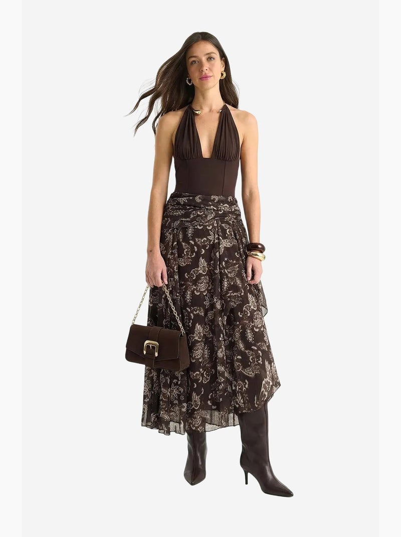 Conjunto de blusa de chiffon com estampado étnico e saia midi lucci Castanho-escuro - Kiabi