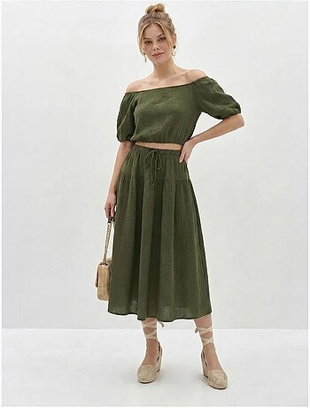 Conjunto de blusa e saia midi em seersucker de algodão lucci