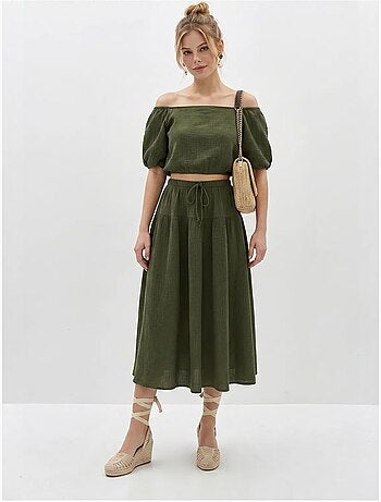 Conjunto de blusa e saia midi em seersucker de algodão lucci