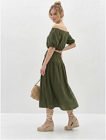 Conjunto de blusa e saia midi em seersucker de algodão lucci