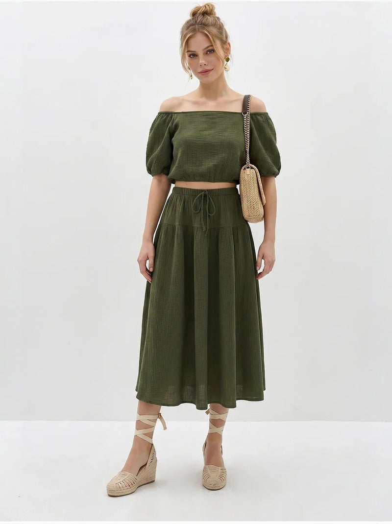 Conjunto de blusa e saia midi em seersucker de algodão lucci Cáqui - Kiabi