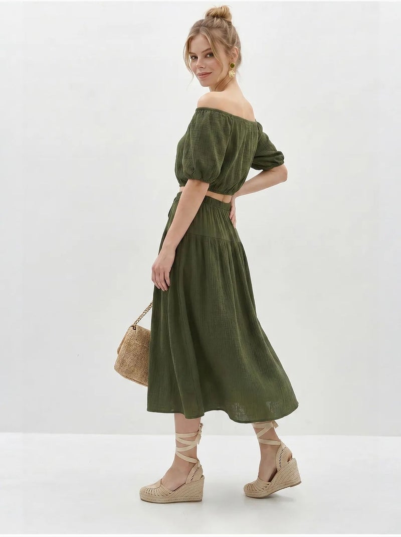 Conjunto de blusa e saia midi em seersucker de algodão lucci Cáqui - Kiabi