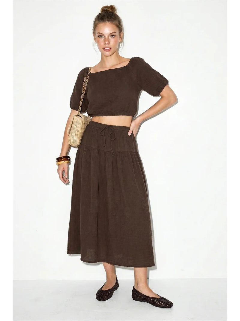 Conjunto de blusa e saia midi em seersucker de algodão lucci Castanho - Kiabi