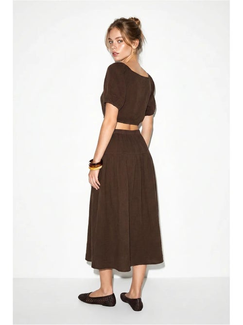 Conjunto de blusa e saia midi em seersucker de algodão lucci - Kiabi Conjunto de blusa e saia midi em seersucker de algodão lucci - Kiabi