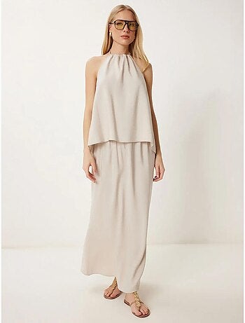 Conjunto de blusa halter com detalhe de atar e saia de perna larga istanbul