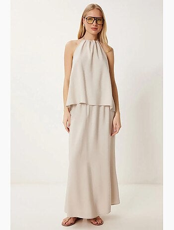 Conjunto de blusa halter com detalhe de atar e saia de perna larga istanbul