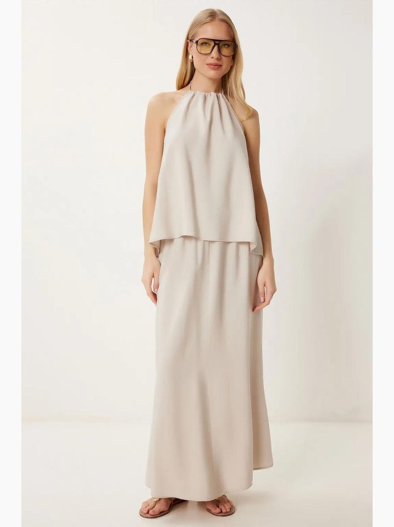 Conjunto de blusa halter com detalhe de atar e saia de perna larga istanbul Areia - Kiabi