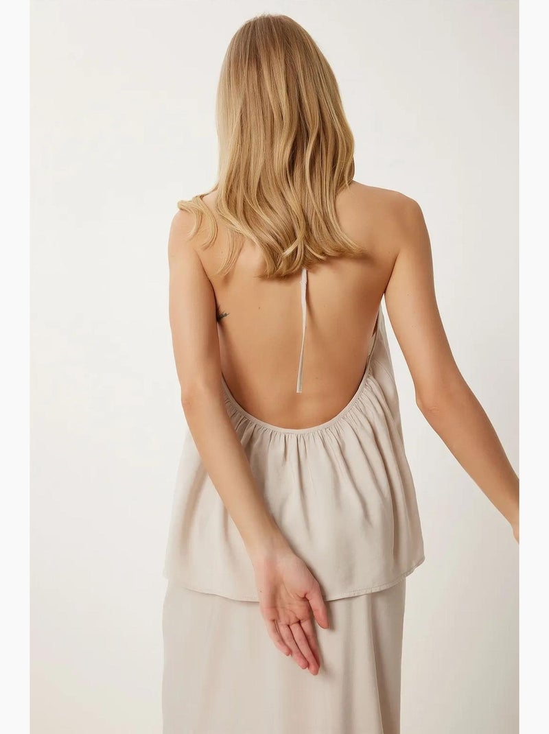 Conjunto de blusa halter com detalhe de atar e saia de perna larga istanbul Areia - Kiabi