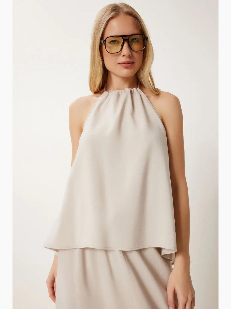 Conjunto de blusa halter com detalhe de atar e saia de perna larga istanbul Areia - Kiabi