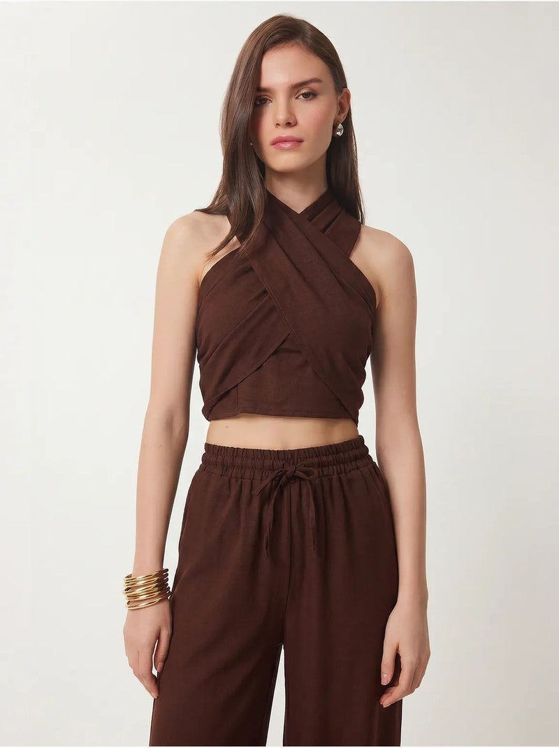 Conjunto de blusa halter e calças de perna larga istanbul Castanho - Kiabi