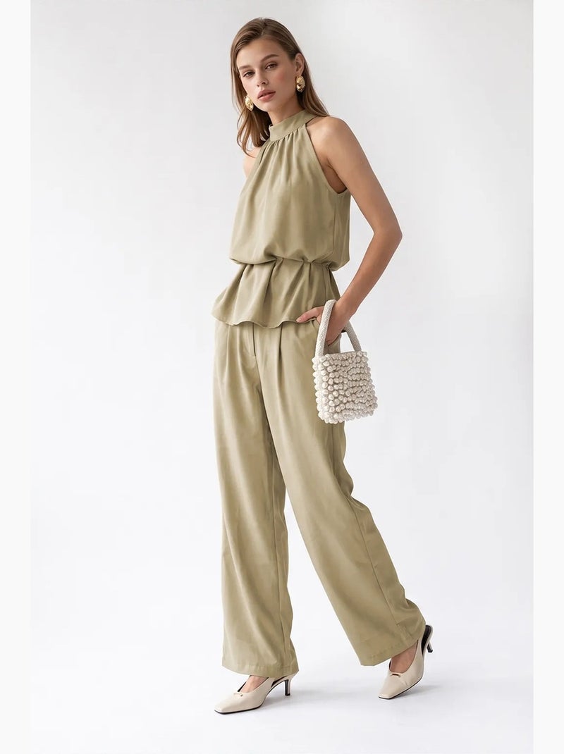 Conjunto de blusa halter e calças de perna larga mixray Cáqui - Kiabi