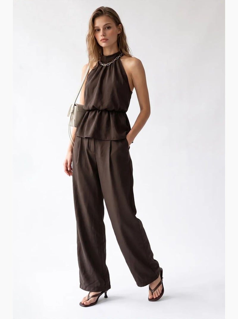 Conjunto de blusa halter e calças de perna larga mixray Castanho - Kiabi