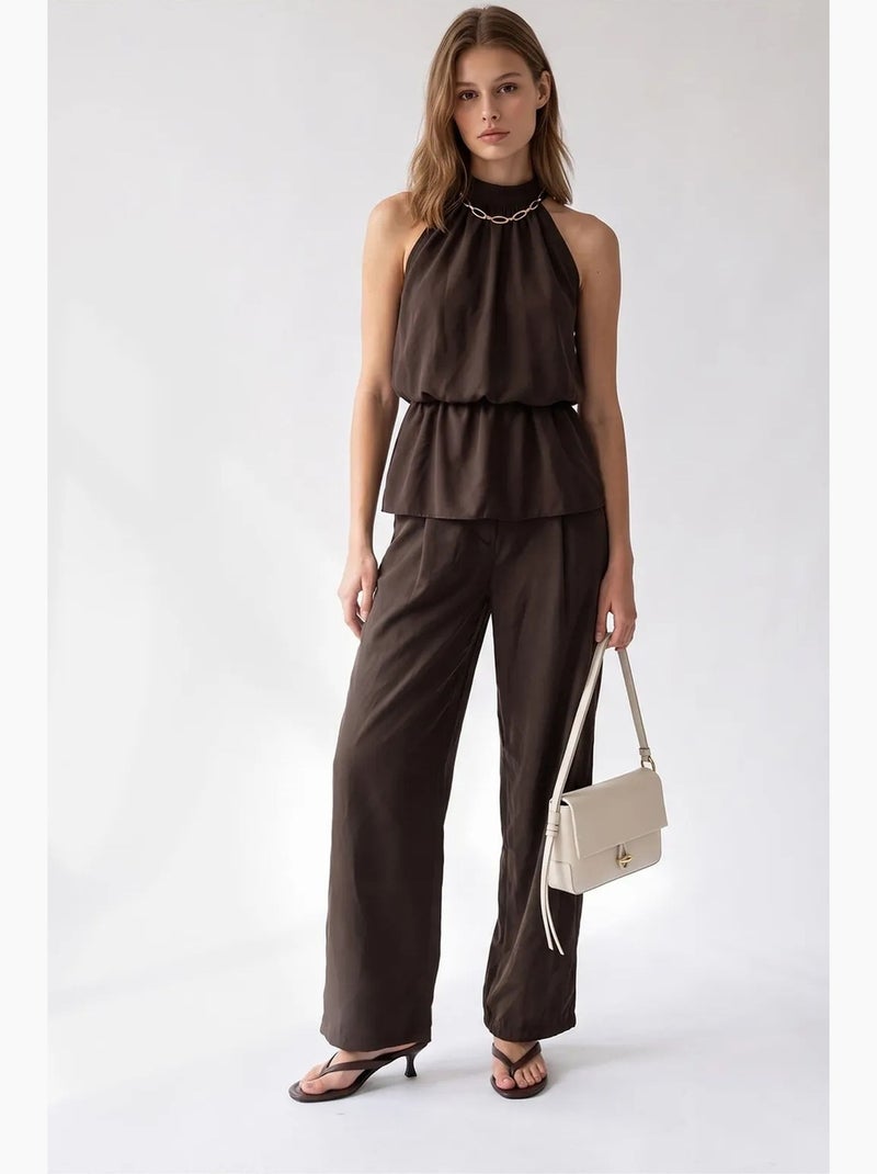 Conjunto de blusa halter e calças de perna larga mixray Castanho - Kiabi