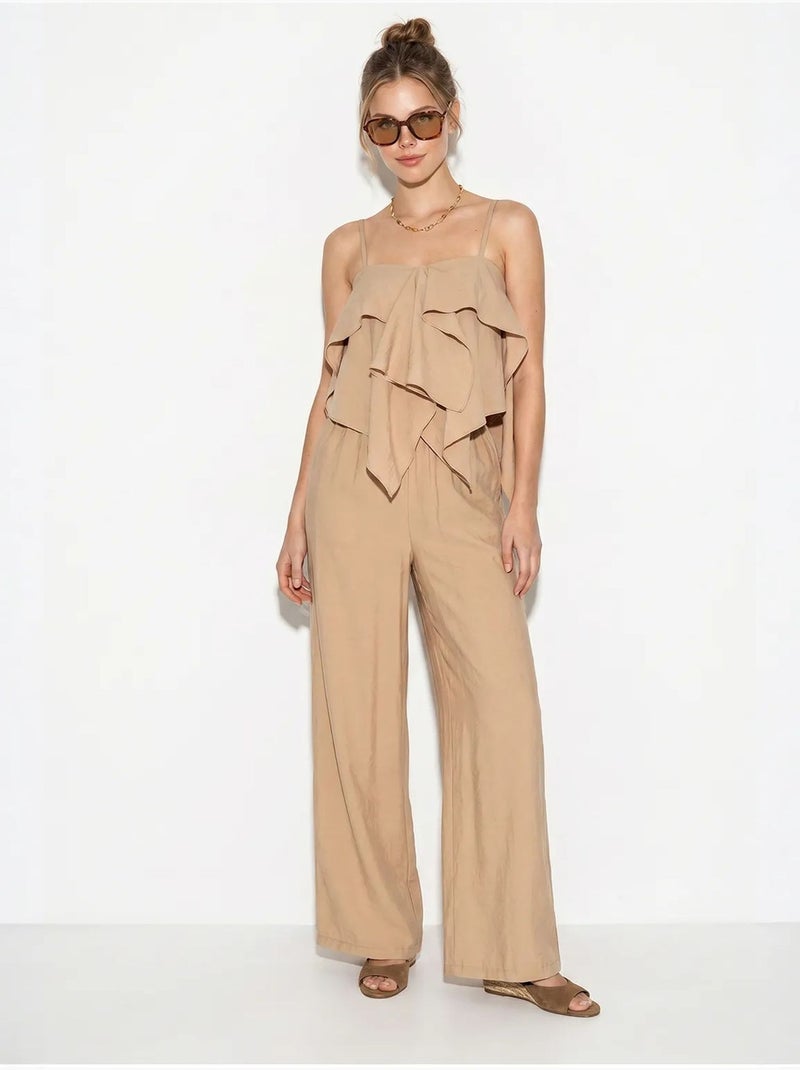 Conjunto de blusa sem alças com folhos e calças de perna larga lucci Bege-argila - Kiabi