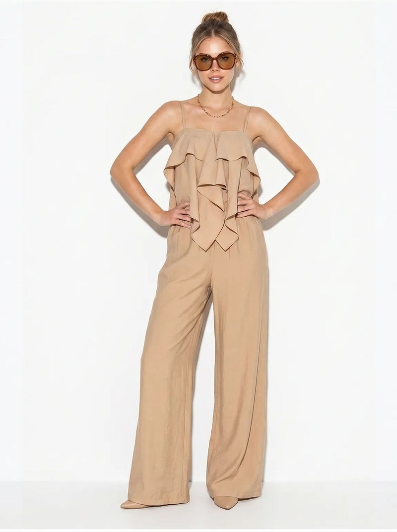 Conjunto de blusa sem alças com folhos e calças de perna larga lucci Bege-argila - Kiabi