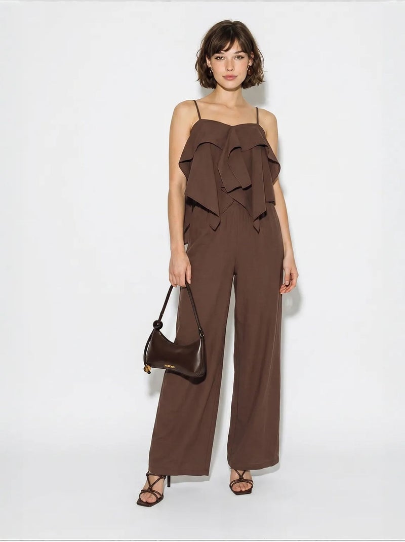 Conjunto de blusa sem alças com folhos e calças de perna larga lucci Castanho-chocolate - Kiabi