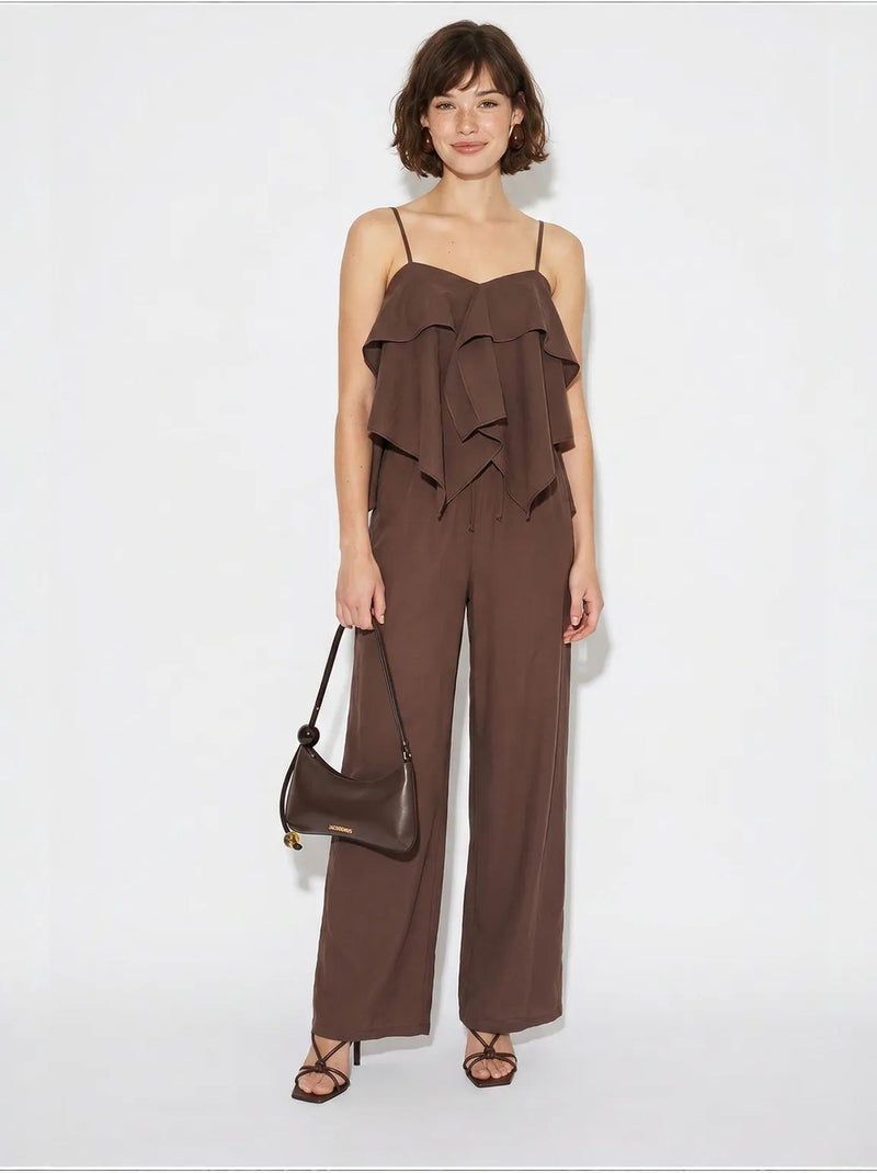 Conjunto de blusa sem alças com folhos e calças de perna larga lucci Castanho-chocolate - Kiabi