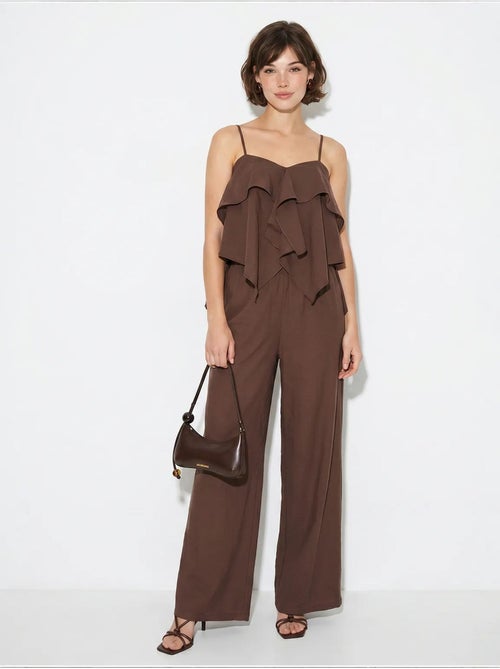 Conjunto de blusa sem alças com folhos e calças de perna larga lucci - Kiabi Conjunto de blusa sem alças com folhos e calças de perna larga lucci - Kiabi
