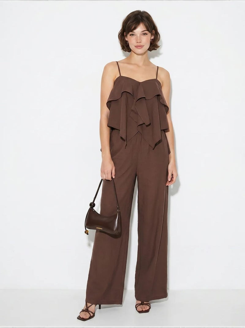 Conjunto de blusa sem alças com folhos e calças de perna larga lucci Castanho-chocolate - Kiabi