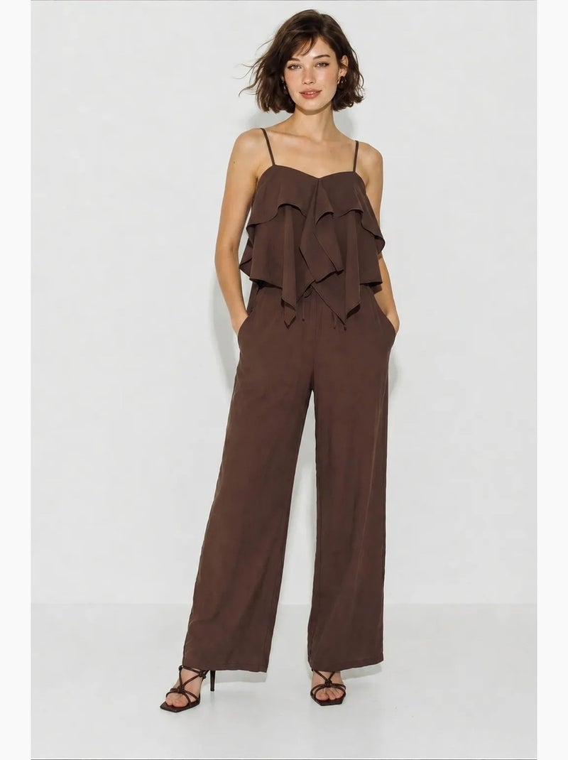 Conjunto de blusa sem alças com folhos e calças de perna larga lucci Castanho-chocolate - Kiabi