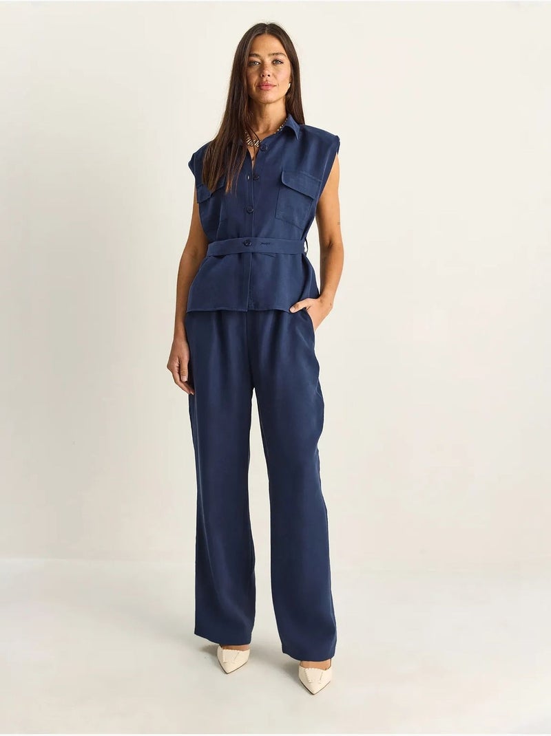 Conjunto de blusa sem mangas com cinto e calças de perna larga lucci Azul-marinho - Kiabi