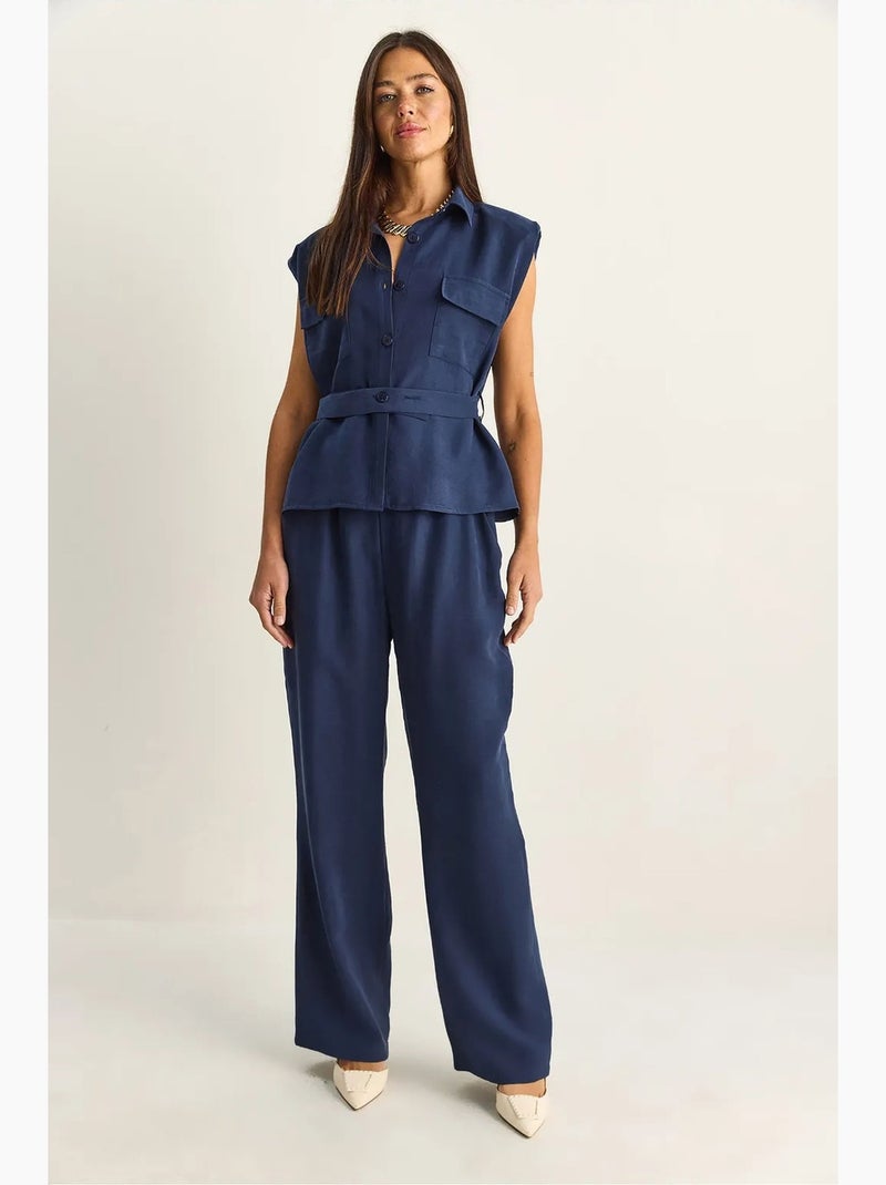 Conjunto de blusa sem mangas com cinto e calças de perna larga lucci Azul-marinho - Kiabi