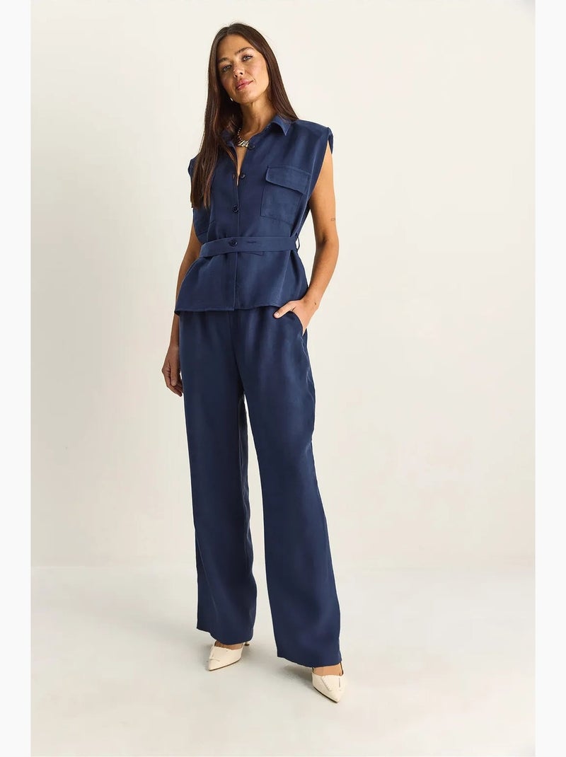 Conjunto de blusa sem mangas com cinto e calças de perna larga lucci Azul-marinho - Kiabi