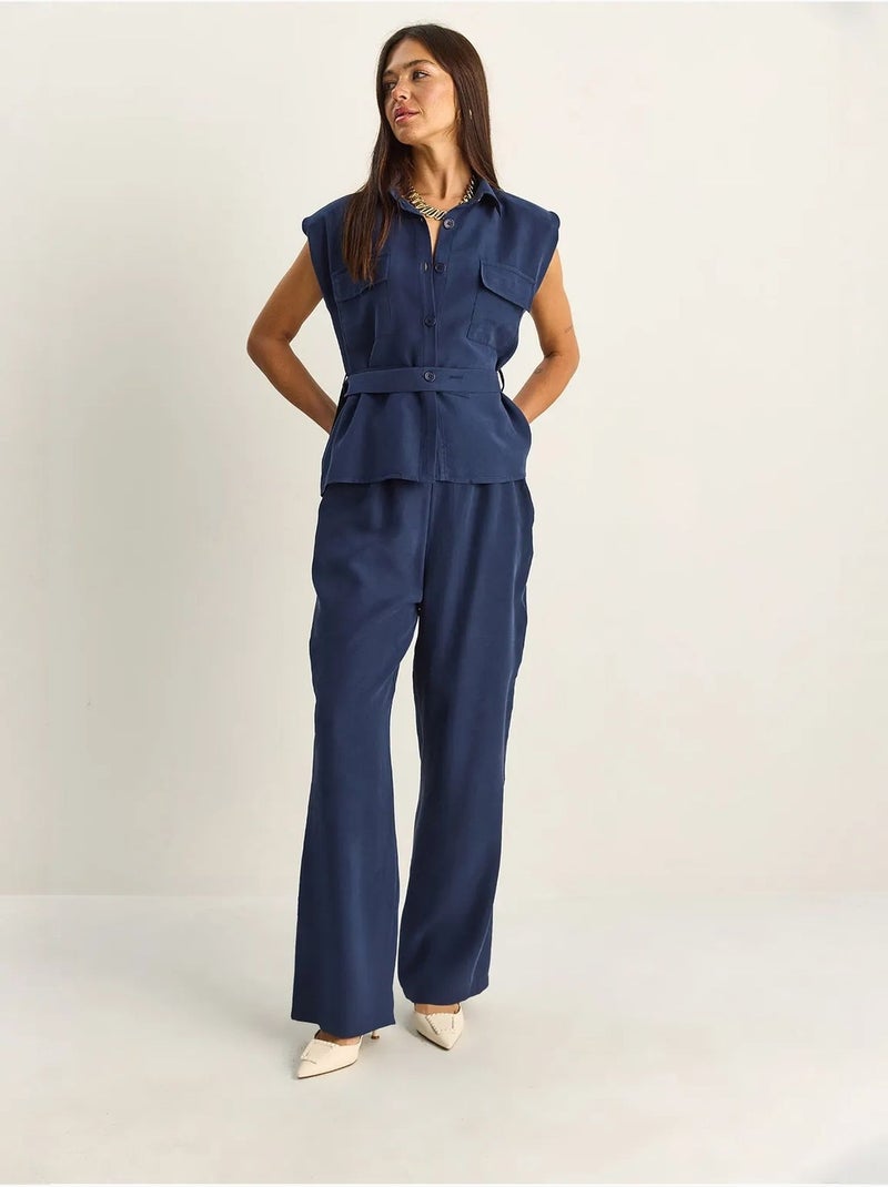 Conjunto de blusa sem mangas com cinto e calças de perna larga lucci Azul-marinho - Kiabi