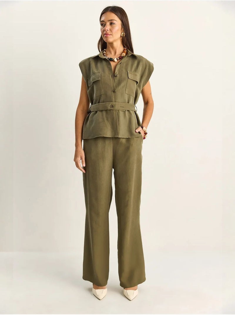 Conjunto de blusa sem mangas com cinto e calças de perna larga lucci Cáqui - Kiabi
