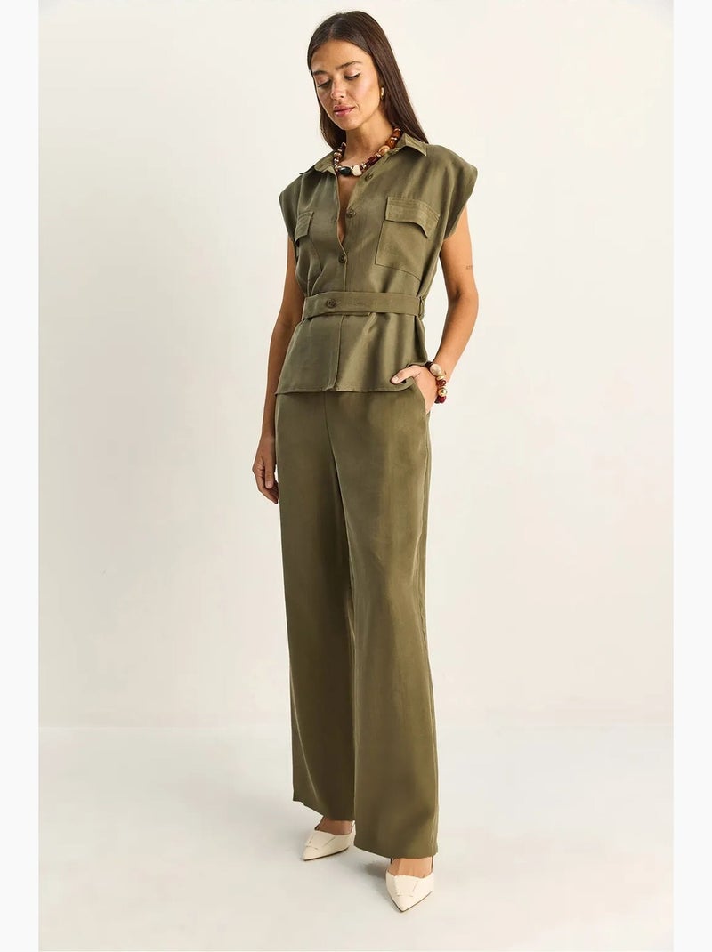 Conjunto de blusa sem mangas com cinto e calças de perna larga lucci Cáqui - Kiabi