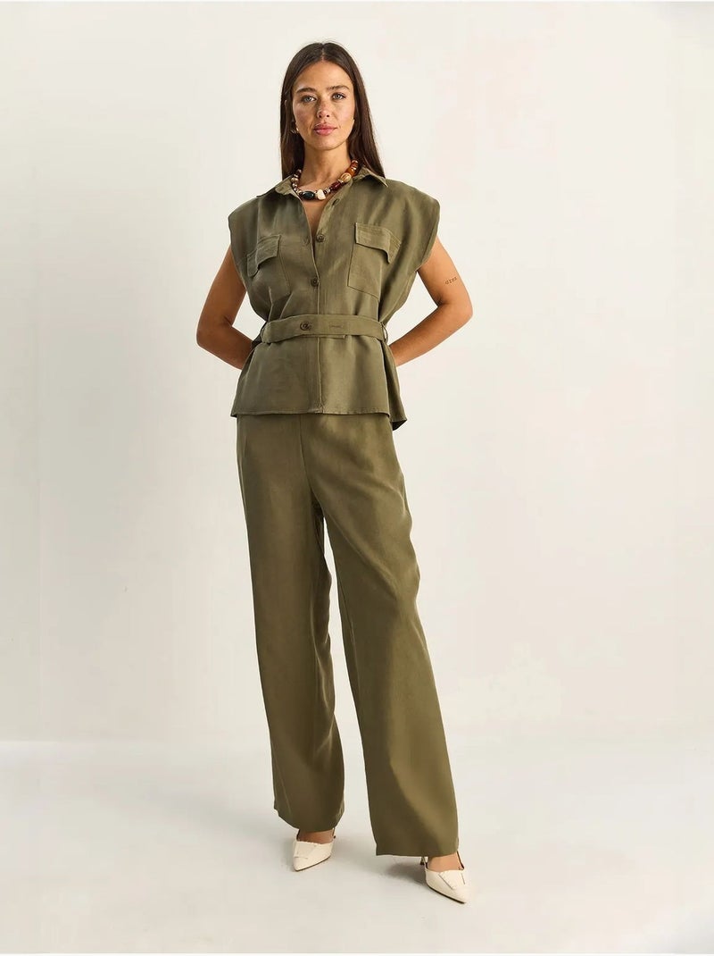 Conjunto de blusa sem mangas com cinto e calças de perna larga lucci Cáqui - Kiabi
