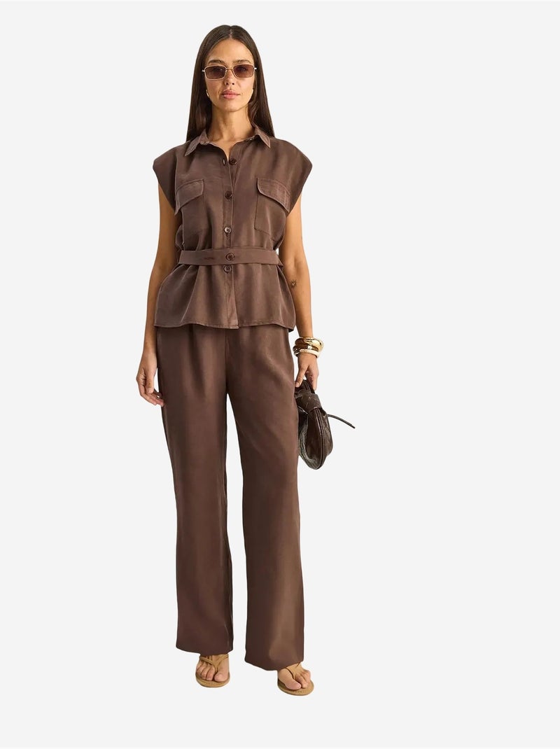 Conjunto de blusa sem mangas com cinto e calças de perna larga lucci Castanho-claro - Kiabi