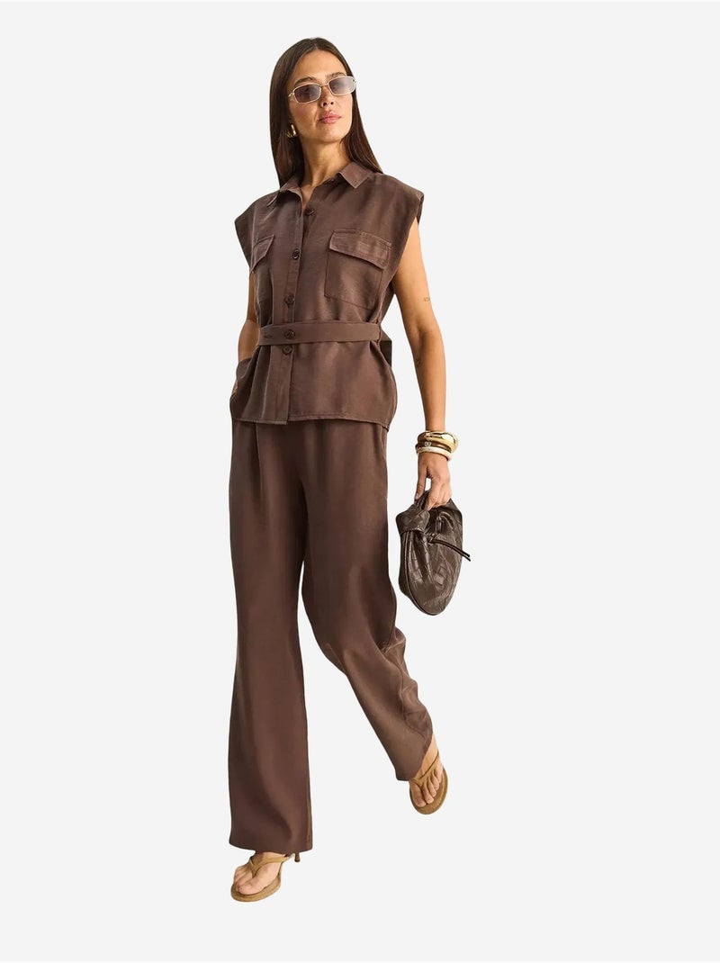 Conjunto de blusa sem mangas com cinto e calças de perna larga lucci Castanho-claro - Kiabi