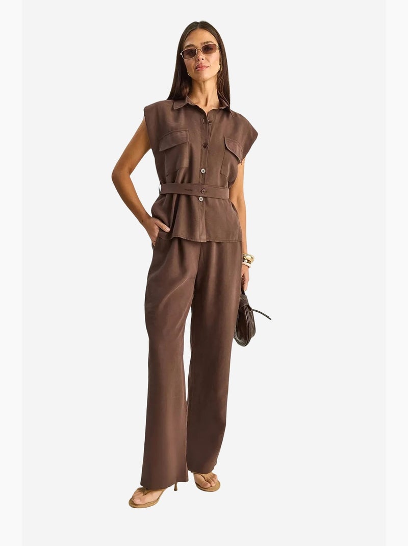 Conjunto de blusa sem mangas com cinto e calças de perna larga lucci Castanho-claro - Kiabi