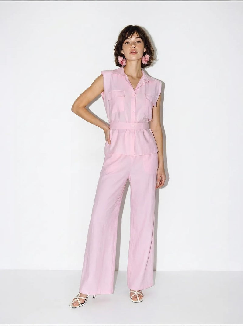 Conjunto de blusa sem mangas com cinto e calças de perna larga lucci Rosa - Kiabi