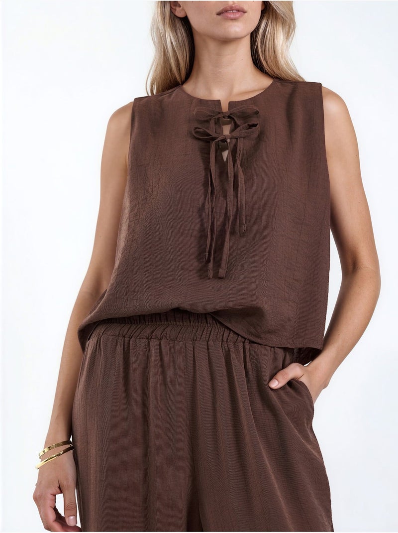 Conjunto de blusa sem mangas texturizada e calças de perna larga hiccup Castanho - Kiabi