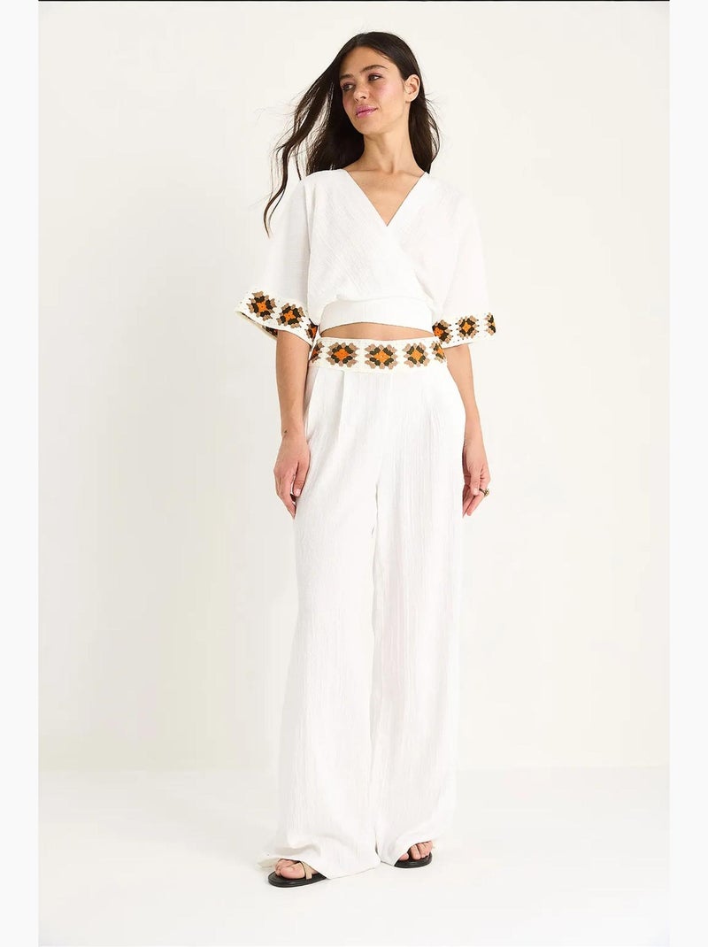 Conjunto de calças curtas de cintura subida com gola cruzada e cinto bianco knit detail lucci Branco - Kiabi