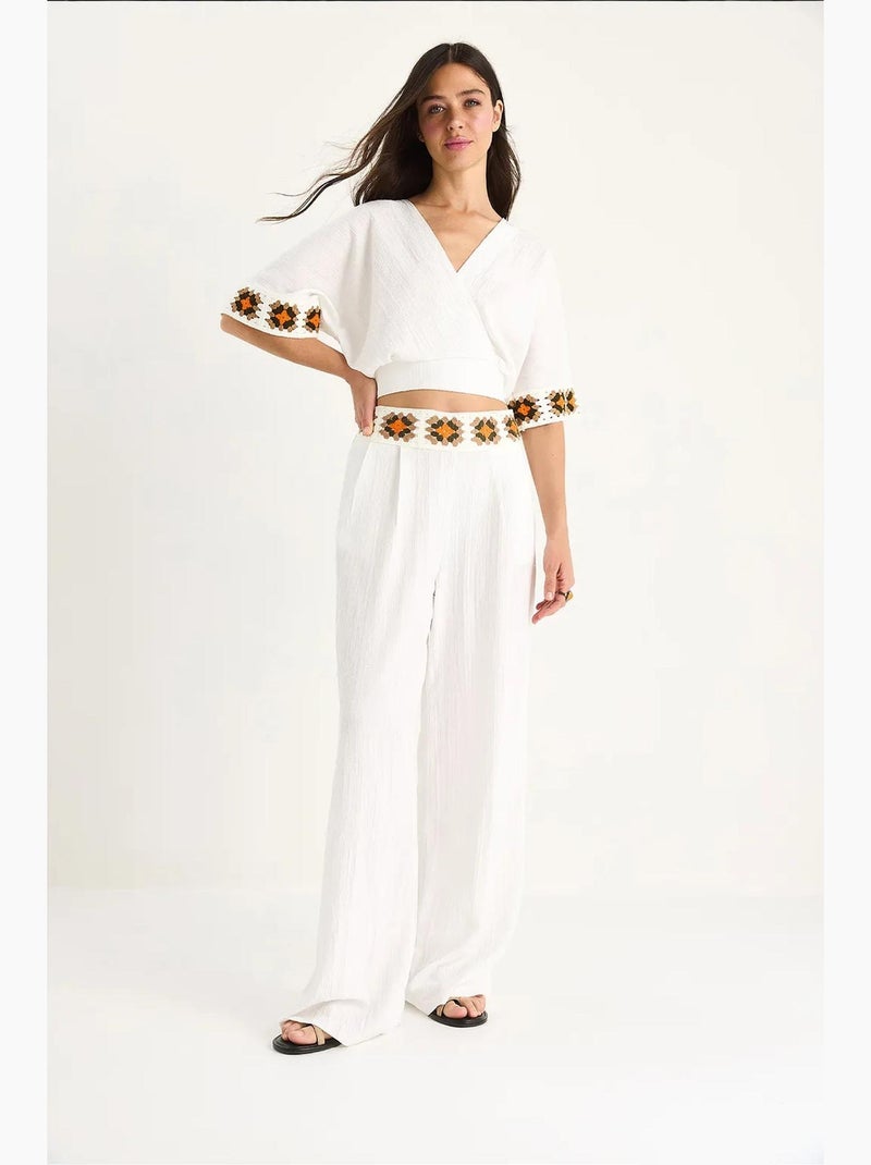 Conjunto de calças curtas de cintura subida com gola cruzada e cinto bianco knit detail lucci Branco - Kiabi